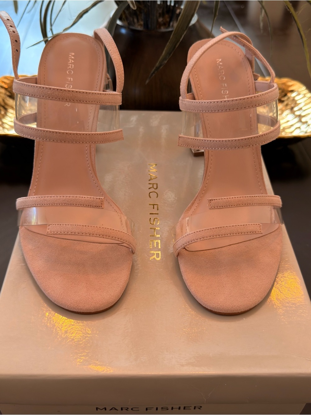 Marc Fisher Pink Suede & Clear Strap Block Heel Sandals - Picture 2 of 8
